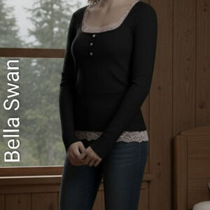 Women's vintage Y2K Black Long Sleeve Ribbed Tee White Lace Trim Bella Swan L